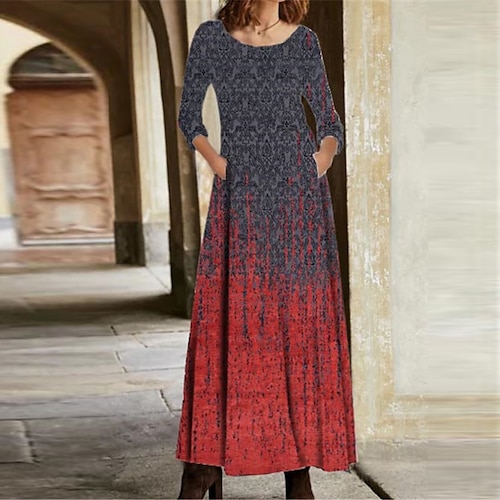 

Women's Casual Dress A Line Dress Maxi long Dress Red Long Sleeve Floral Pocket Print Fall Winter V Neck Vacation Casual 2022 S M L XL XXL 3XL