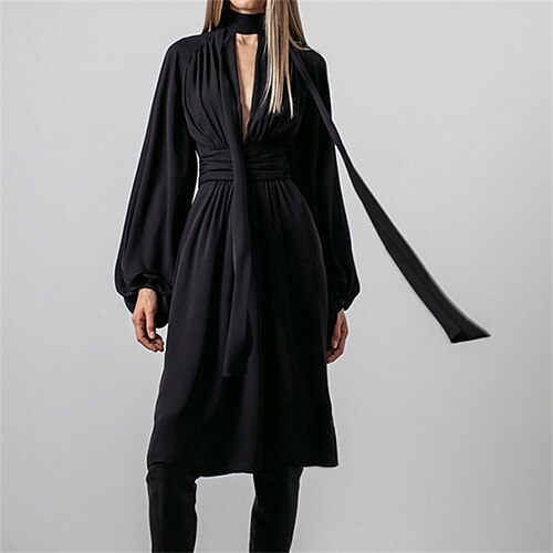 

Women's Cut Out Dress Swing Dress Knee Length Dress Black Red Long Sleeve Pure Color Ruched Cut Out Fall Winter Crew Neck Elegant Classic 2022 S M L