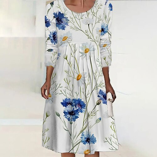 

Women's Casual Dress Floral Dress Midi Dress Blue Long Sleeve Floral Ruched Winter Fall Autumn Winter Dress Weekend Fall Dress 2022 S M L XL XXL 3XL 4XL 5XL 6XL