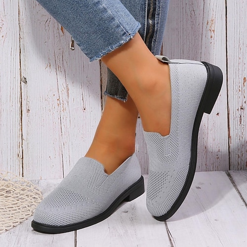 

Women's Slip-Ons Flyknit Shoes Low Heel Round Toe Vintage Casual Tissage Volant Loafer Solid Colored Black Pink Grey