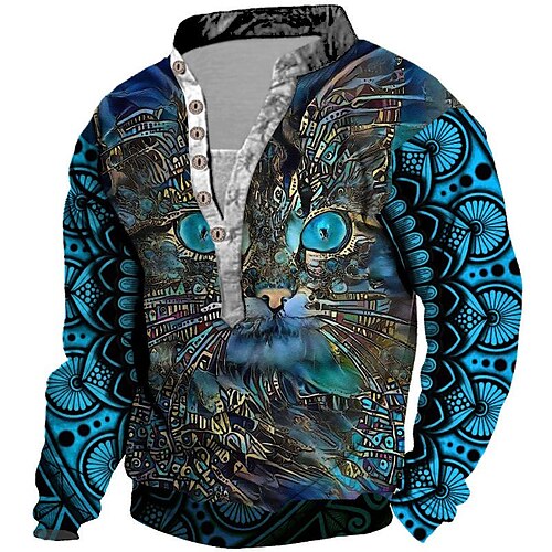 

Men's Unisex Sweatshirt Pullover Button Up Hoodie Cat Graphic Prints Print Casual Daily Sports 3D Print Streetwear Designer Casual Clothing Apparel Hoodies Sweatshirts Long Sleeve Blue