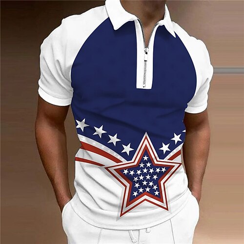 

Men's Collar Polo Shirt Golf Shirt Star Turndown Blue 3D Print Outdoor Street Short Sleeves Zipper Print Clothing Apparel Fashion Designer Casual Breathable / Summer / Spring / Summer