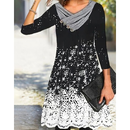 

Women's Casual Dress Black Long Sleeve Snowflake Print Winter Fall V Neck Mature Winter Dress Weekend Fall Dress Loose Fit 2022 S M L XL XXL