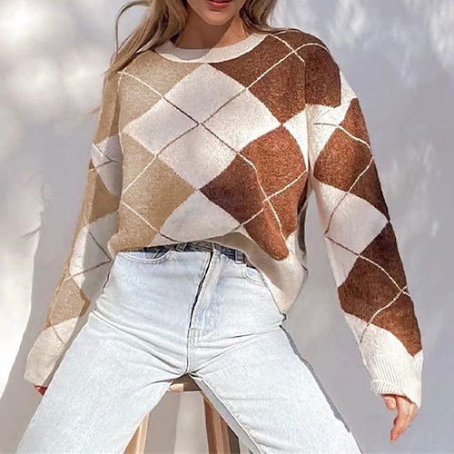 

Women's Pullover Sweater Jumper Ribbed Knit Knitted Argyle Crew Neck Stylish Casual Daily Going out Fall Winter Khaki S M L / Long Sleeve