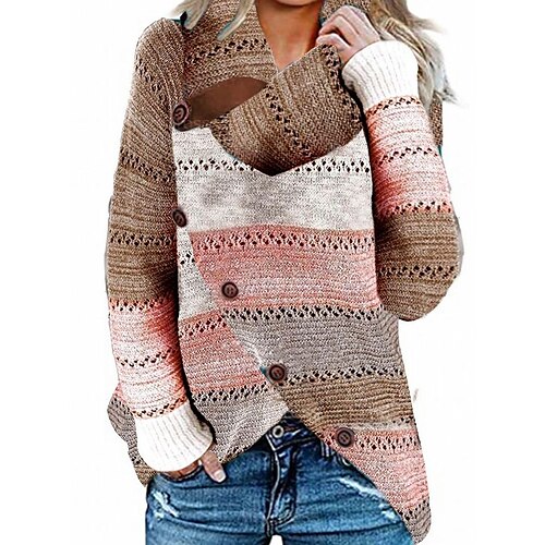 

Women's Pullover Sweater Jumper Crochet Knit Patchwork Button Striped Turtleneck Stylish Casual Outdoor Daily Fall Winter Khaki M L XL / Long Sleeve