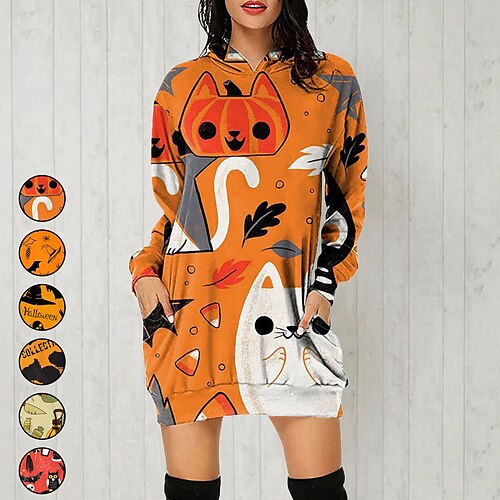 

Women's Hoodie Dress Halloween Pocket Green White Black Cat Halloween Halloween Hoodie Long Sleeve S M L XL 2XL 3XL