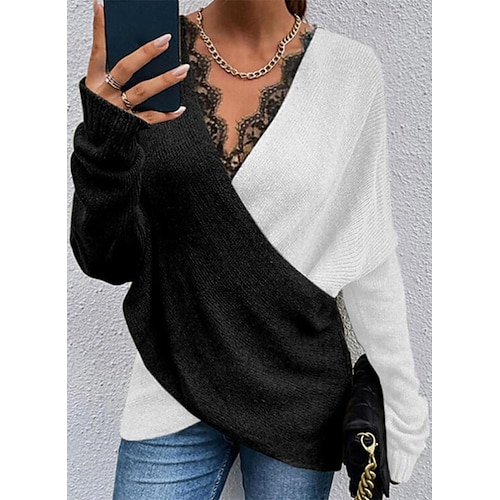 

Women's Pullover Sweater jumper Jumper Ribbed Knit Knitted Lace Trims Color Block V Neck Stylish Casual Outdoor Daily Winter Fall Khaki Gray S M L / Long Sleeve / Regular Fit / Going out