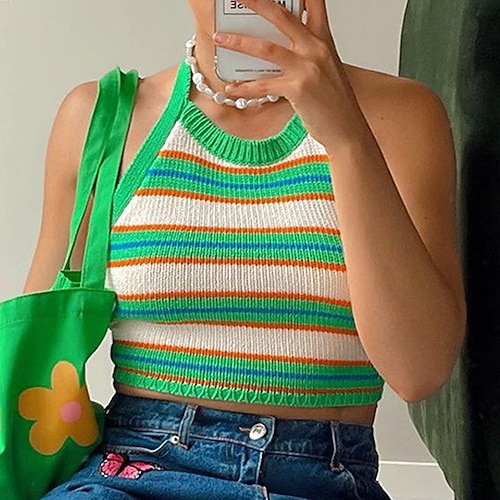 

Women's Sweater Vest Jumper Ribbed Knit Open Back Knitted Striped Halter Neck Stylish Sexy Date Going out Spring Summer Green Blue S M L / Long Sleeve / Regular Fit / Club