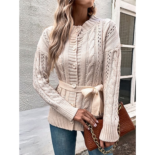 

Women's Cardigan Sweater Jumper Cable Knit Lace up Button Pure Color Crew Neck Stylish Elegant Outdoor Daily Winter Fall Purple Khaki S M L / Long Sleeve / Holiday / Casual / Regular Fit / Going out