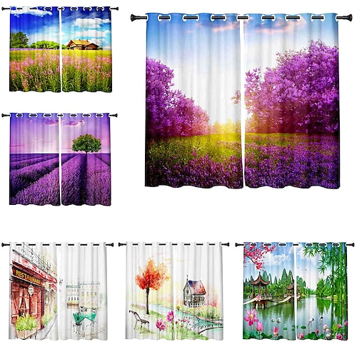 

3D Print Blackout Curtain Feather Print Curtain Drapes for Living Room Thermal Insulated Grommet Window Curtains for Bedroom 1 set / PVC Bag Natural scenery Woods Trees Towers