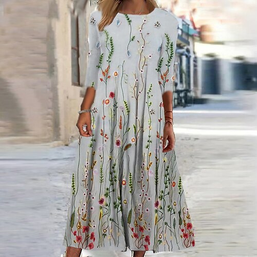 

Women's Casual Dress Shift Dress Midi Dress Light Grey Gray 3/4 Length Sleeve Floral Ruched Winter Fall Round Neck Vacation 2023 S M L XL XXL 3XL