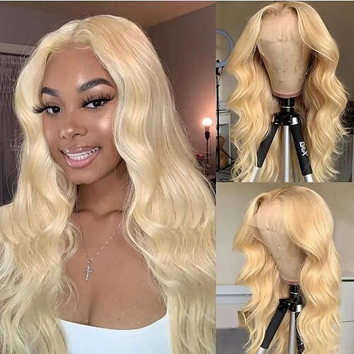 

Remy Human Hair 13x4 Lace Front Wig Free Part Brazilian Hair Body Wave Blonde Wig 150% Density with Baby Hair Glueless Pre-Plucked For Women Long Human Hair Lace Wig