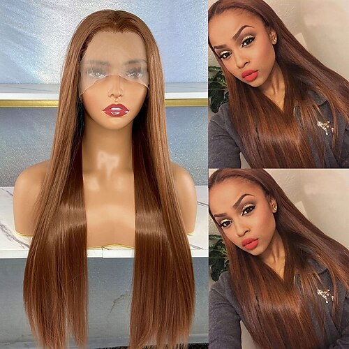 

Brown Synthetic Lace Front Wig for Women Free Part Medium Auburn Long Straight Lace Front Wig Glueless Synthetic Hair Replacement Wigs Heat Resistant