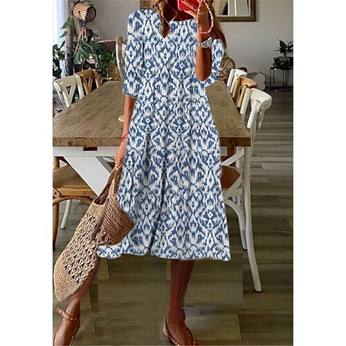 

Women's Casual Dress Shift Dress Midi Dress Blue 3/4 Length Sleeve Floral Ruched Winter Fall Autumn 2022 S M L XL XXL 3XL