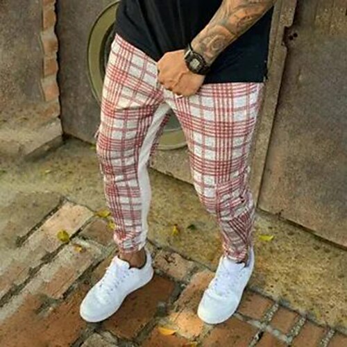 

Men's Joggers Trousers Casual Pants Plaid Drawstring Trousers Drawstring Elastic Waist 3D Print Grid / Plaid Comfort Breathable Sports Outdoor Casual Daily Streetwear Stylish Pink Gray Micro-elastic