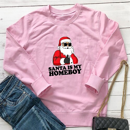 

Women's Plus Size Tops Christmas Pullover Sweatshirt Hoodie Sweatshirt Letter Santa Claus Print Long Sleeve Crewneck Casual Festival Vacation Cotton Fall Winter Green Pink