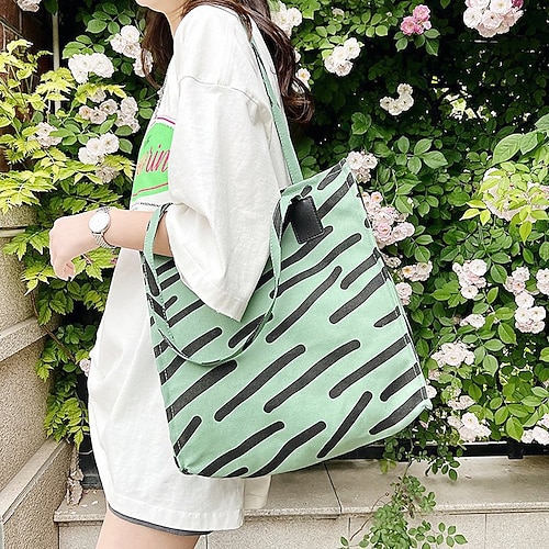 

Women's Shoulder Bag Diaper Bag Tote Canvas Zipper Zebra Print Daily Going out Green White Khaki