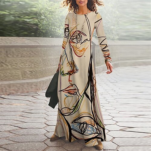 

Women's Casual Dress Swing Dress Long Dress Maxi Dress Khaki Long Sleeve Abstract Pocket Winter Fall V Neck Winter Dress Fall Dress 2022 S M L XL XXL 3XL