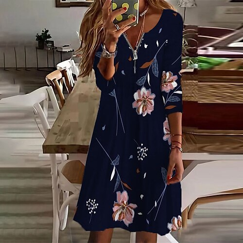 

Women's Casual Dress A Line Dress Knee Length Dress Yellow Pink Navy Blue Long Sleeve Floral Zipper Winter Fall V Neck Stylish Winter Dress Weekend Fall Dress 2023 XS S M L XL XXL 3XL 4XL 5XL 6XL