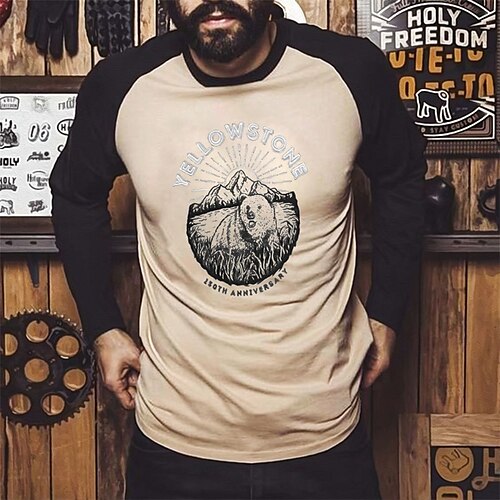 

Men's T shirt Tee Graphic Letter Crew Neck Khaki Hot Stamping Street Daily Long Sleeve Patchwork Print Clothing Apparel Fashion Designer Casual Comfortable / Sports