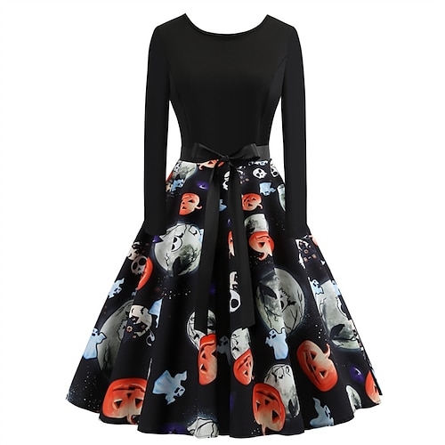 

Women's A Line Dress Swing Dress Knee Length Dress Halloween Black Long Sleeve Pumpkin Ghost Bow Print Fall Winter Crew Neck Vintage Fashion 2022 S M L XL XXL