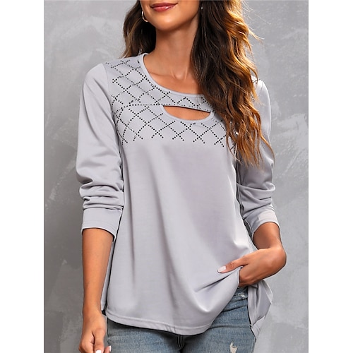 

Women's Blouse Shirt Light gray Plain Cut Out Rhinestone Long Sleeve Casual Weekend Streetwear Round Neck Regular S / 3D Print