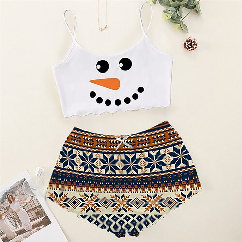 

Women's ChristmasPjs Plus Size Pajamas Sets 2 Pieces Snowman Geometic Fashion Comfort Soft Home Carnival Breathable Gift Straps Sleeveless Strap Top Shorts Elastic Waist Spring