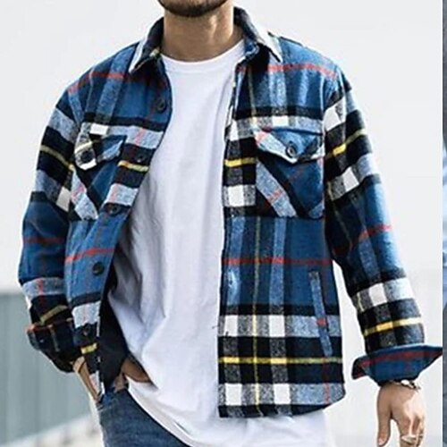 

Men's Flannel Shirt Shirt Jacket Shacket Shirt Plaid / Check Turndown Blue Street Daily Long Sleeve Button-Down Clothing Apparel Basic Fashion Casual Comfortable