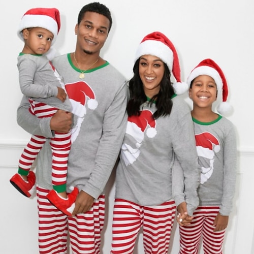 

Christmas Pajamas Family Set Ugly Santa Claus Striped Home Gray Long Sleeve Mom Dad and Me Daily Matching Outfits