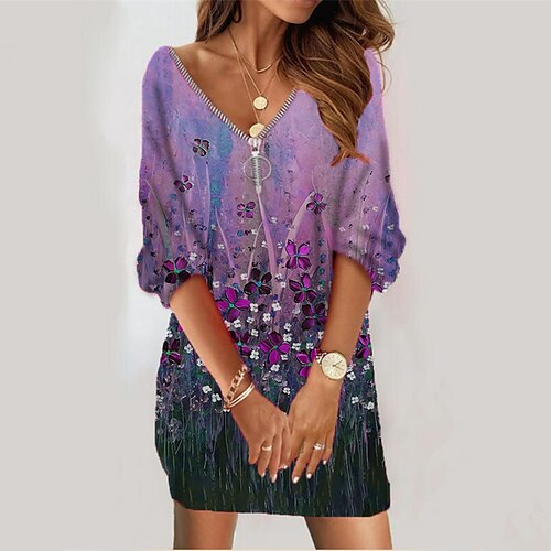 

Women's Sweatshirt Dress Shift Dress Short Mini Dress Blue Purple Yellow Long Sleeve Floral Zipper Print Fall Winter V Neck Vacation Casual 2022 S M L XL XXL 3XL / 3D Print