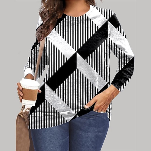 

Women's Plus Size Tops Pullover Sweatshirt Hoodie Sweatshirt Geometry Print Long Sleeve Crewneck Streetwear Casual Daily Vacation Microfiber Fall Winter khaki White