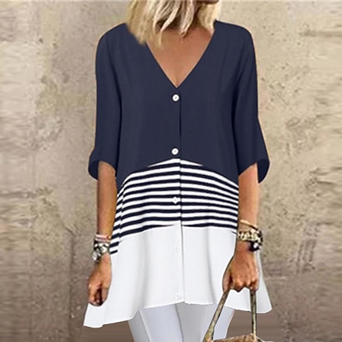 

Women's Blouse Shirt Striped Casual Weekend Blouse Shirt Long Sleeve Patchwork Button V Neck Streetwear Black Brown Navy Blue S