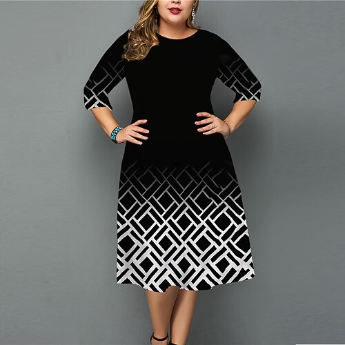 

Women's Plus Size Work Dress Geometric Crew Neck 3/4 Length Sleeve Fall Winter Work Elegant Knee Length Dress Going out Work Dress