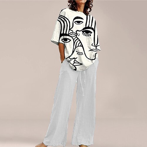 

Per donna loungewear Completi 2 pezzi Stampe astratte Di tendenza Comoda Interni Strada Jersey di cotone spandex Girocollo Manica corta maglietta Pantalone Inverno Autunno Bianco