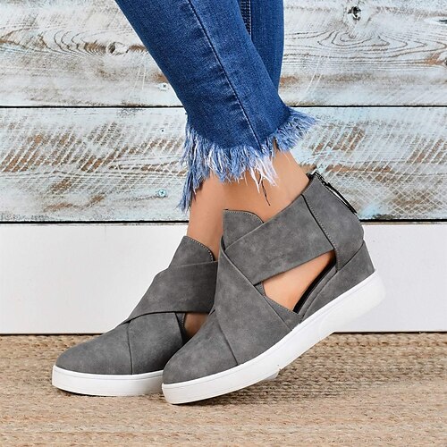 

Women's Sneakers Daily Comfort Shoes Summer Wedge Heel Round Toe Casual PU Leather Zipper Solid Colored Black Blue khaki