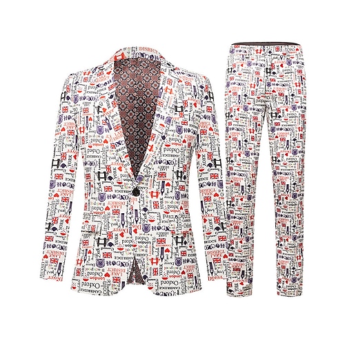 

White Men's Christmas Suits 2 Piece Patterned Tailored Fit Single Breasted One-button 2022