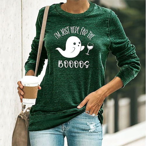 

Mulheres Camiseta Preto Amarelo Azul Marinha Gráfico Letra Imprimir Manga Longa dia das Bruxas Casual Básico Decote Redondo Padrão Algodão Tema Flores S