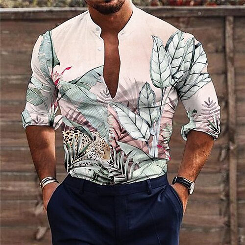 

Men's Shirt Leaves Stand Collar Pink Long Sleeve 3D Print Outdoor Casual Button-Down Print Tops Fashion Designer Casual Comfortable / Sports