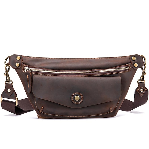 

Men's Fanny Pack Sling Shoulder Bag Crossbody Bag Nappa Leather Cowhide Zipper Solid Color Daily Brown Coffee