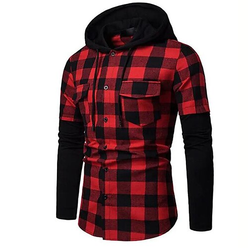 

Men's Flannel Shirt Plaid Check Hooded White Red Long Sleeve Street Daily Button-Down Tops Basic Designer Casual Comfortable Winter Fall