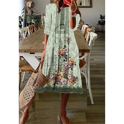

Women's Casual Dress Shift Dress Midi Dress Green 3/4 Length Sleeve Floral Ruched Winter Fall Autumn 2022 S M L XL XXL 3XL