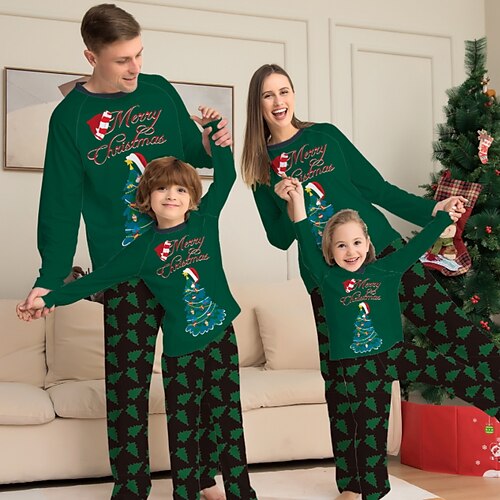 

Christmas Pajamas Family Set Ugly Christmas Tree Christmas pattern Home Green Long Sleeve Mom Dad and Me Daily Matching Outfits