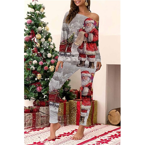 

Women's ChristmasPjs Pajamas Sets 2 Pieces Santa Claus Comfort Soft Home Bed Cotton Spandex Jersey Long Sleeve T shirt Tee Pant Elastic Waist Winter Fall Green Blue