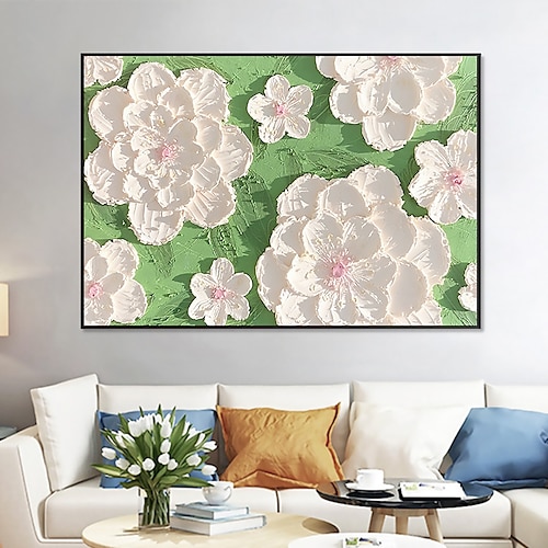 

Pintura al óleo hecha a mano lienzo arte de la pared decoración original hermosas flores blancas pintura planta abstracta pintura floral para la decoración del hogar con marco estirado/sin marco