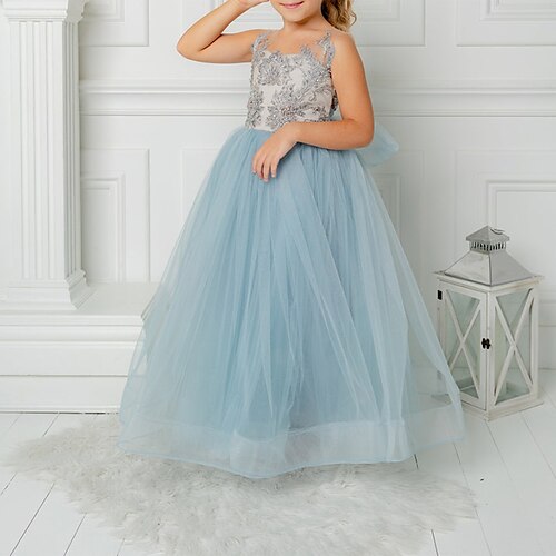 

Party Event / Party Princess Flower Girl Dresses Jewel Neck Floor Length Tulle Winter Fall with Bow(s) Appliques Cute Girls' Party Dress Fit 3-16 Years