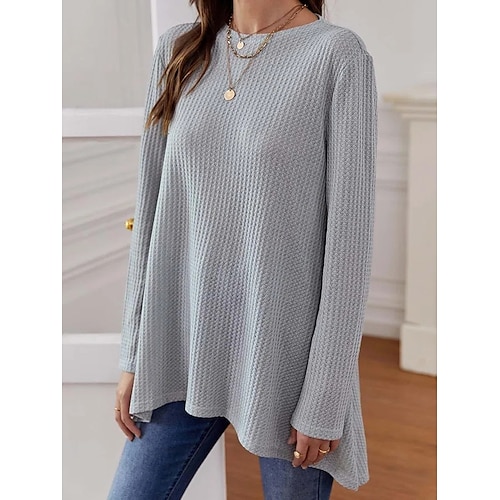 

Women's T shirt Tee Gray Plain Long Sleeve Daily Basic Round Neck Regular S
