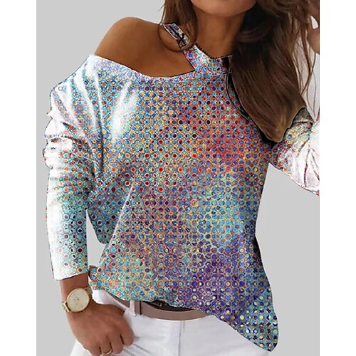 

Women's Shirt Blue Polka Dot Cut Out Print Long Sleeve Daily Weekend Streetwear Casual One Shoulder Regular S / 3D Print