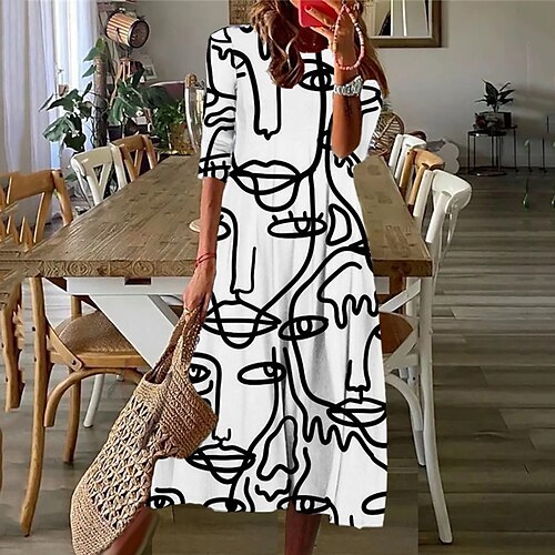 

Women's Casual Dress Shift Dress Midi Dress Blue White 3/4 Length Sleeve Abstract Ruched Winter Fall 2022 S M L XL XXL 3XL