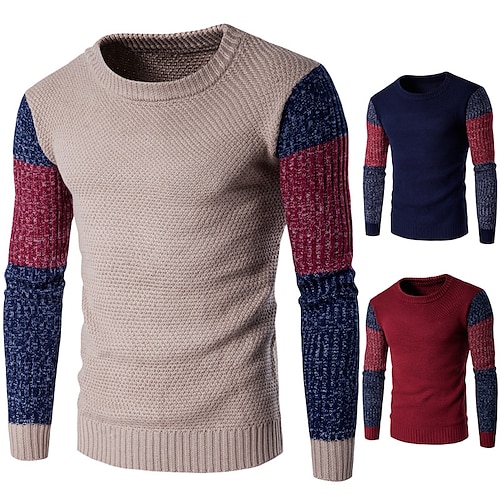 

Men's Sweater Pullover Sweater Jumper Ribbed Knit Cropped Knitted Color Block Crew Neck Basic Stylish Outdoor Daily Clothing Apparel Winter Fall Khaki Navy Blue M L XL