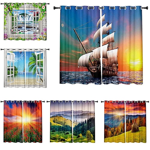 

3D Print Blackout Curtain Feather Print Curtain Drapes for Living Room Thermal Insulated Grommet Window Curtains for Bedroom 1 set / PVC Bag Natural scenery Woods Trees Towers